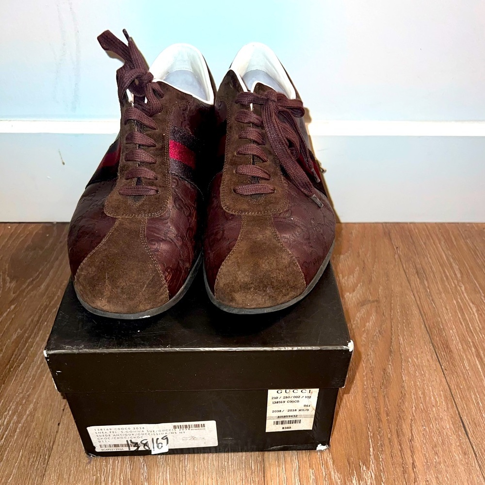 Gucci Guccissima GG Logo Brown Leather Sneaker Shoes US 11.5